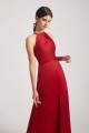 Crinkle Halter Neckline Keyhole Satin Gown with Front Slit