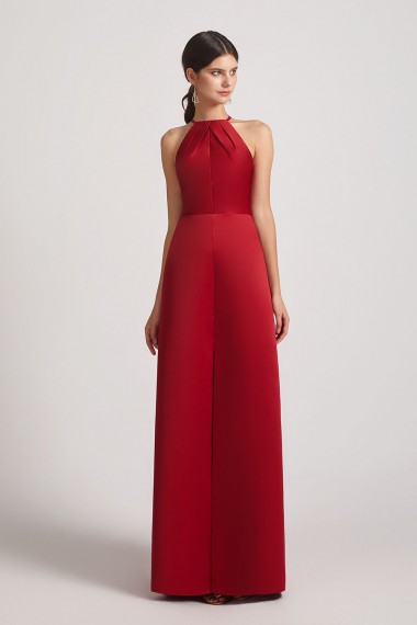 Crinkle Halter Neckline Keyhole Satin Gown with Front Slit