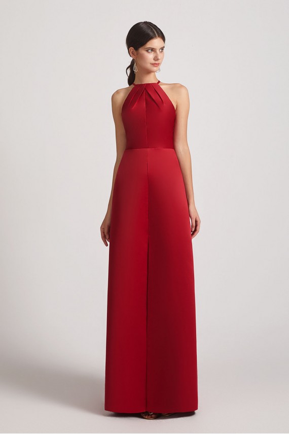 Crinkle Halter Neckline Keyhole Satin Gown with Front Slit