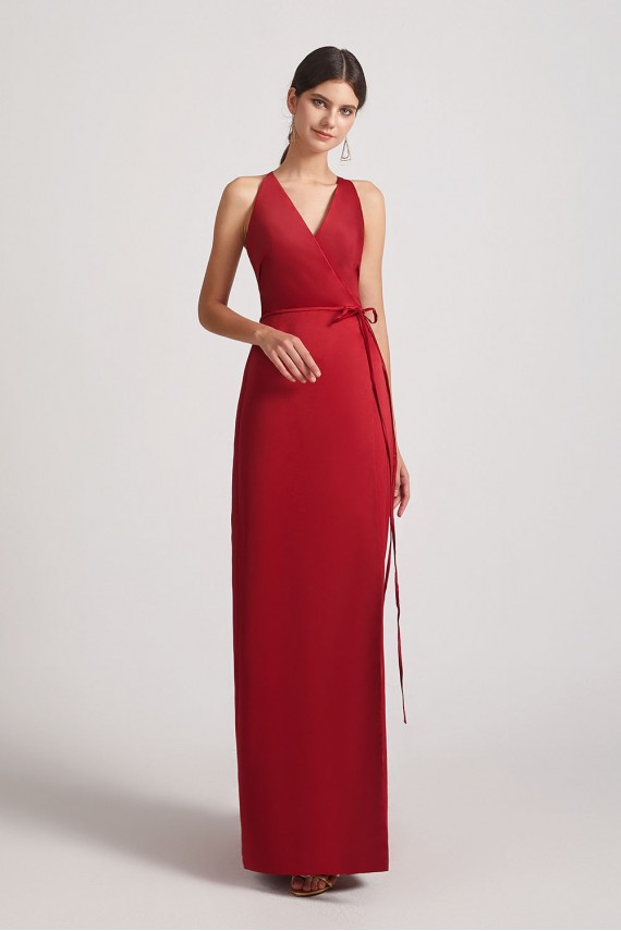V-Neck Tie-Waist Open Back Long Satin Sleeveless Bridesmaid Dresses