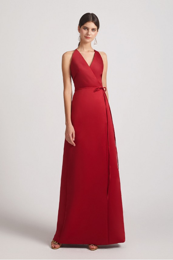 V-Neck Tie-Waist Open Back Long Satin Sleeveless Bridesmaid Dresses