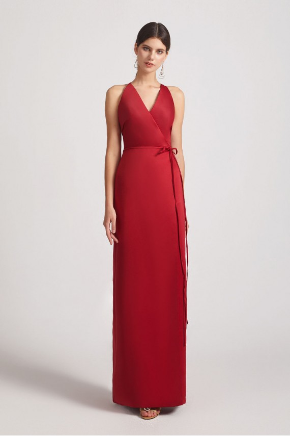 V-Neck Tie-Waist Open Back Long Satin Sleeveless Bridesmaid Dresses