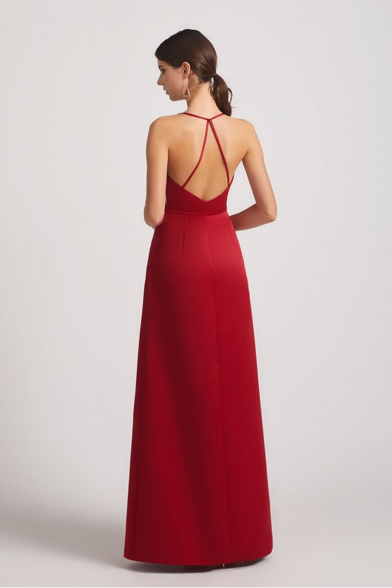 V-Neck Tie-Waist Open Back Long Satin Sleeveless Bridesmaid Dresses