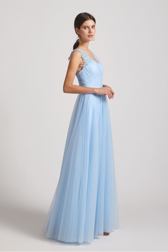 A-Line V-Neck Long Tulle Bridesmaid Dresses with Straps