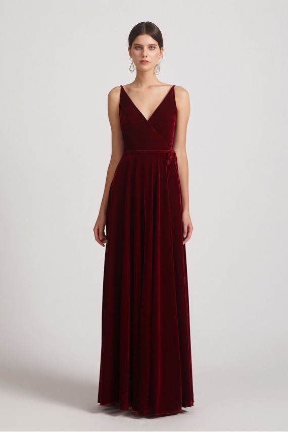 Spaghetti Straps Velvet Faux Wrap Bridesmaid Dresses with Waist Tie