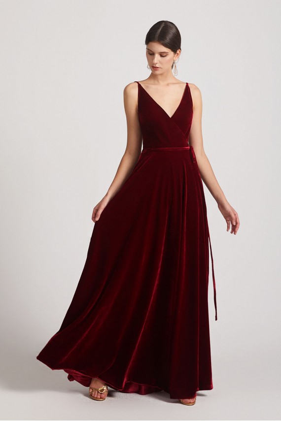 Spaghetti Straps Velvet Faux Wrap Bridesmaid Dresses with Waist Tie