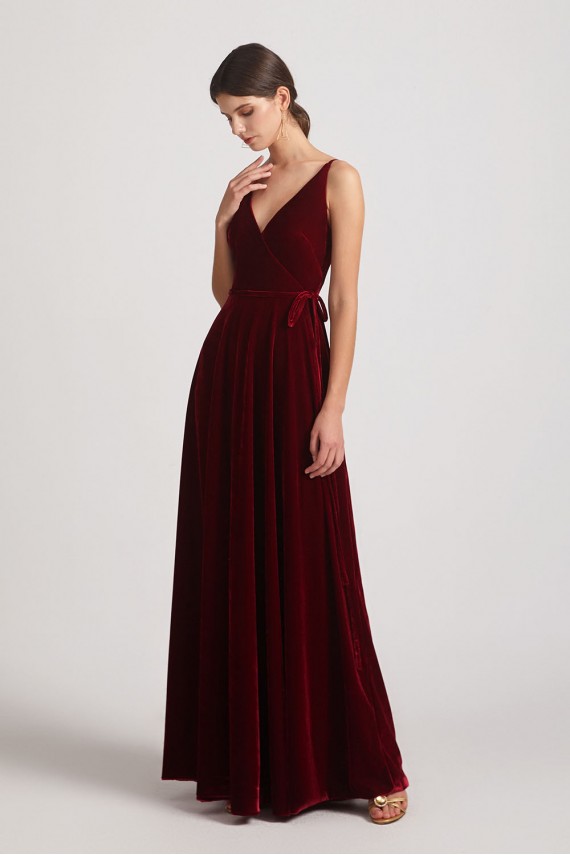 Spaghetti Straps Velvet Faux Wrap Bridesmaid Dresses with Waist Tie
