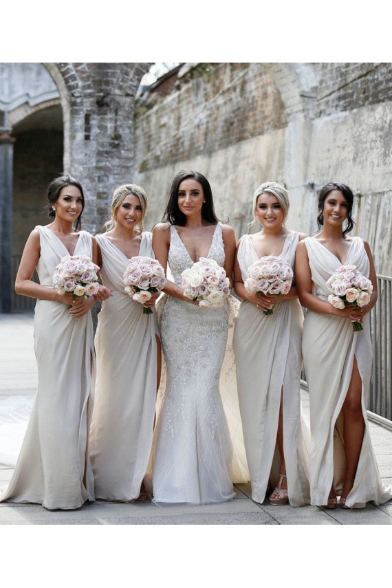 Sexy Long Chiffon Champagne Bridesmaid Dresses with High Slit and Front Ruffles