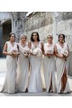 Sexy Long Chiffon Champagne Bridesmaid Dresses with High Slit and Front Ruffles