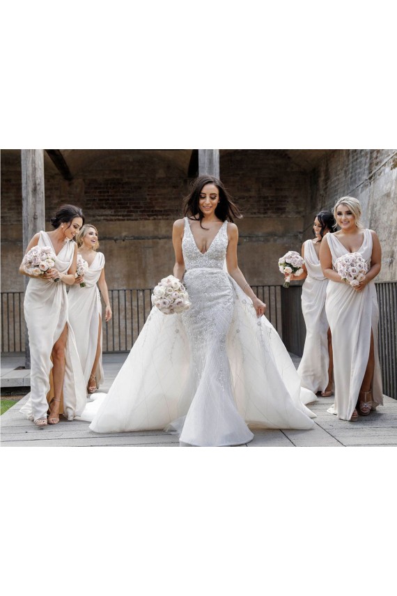 Sexy Long Chiffon Champagne Bridesmaid Dresses with High Slit and Front Ruffles