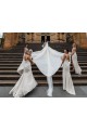 Sexy Long Chiffon Champagne Bridesmaid Dresses with High Slit and Front Ruffles