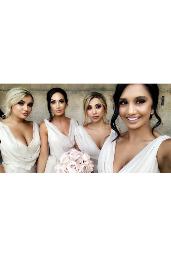 Sexy Long Chiffon Champagne Bridesmaid Dresses with High Slit and Front Ruffles