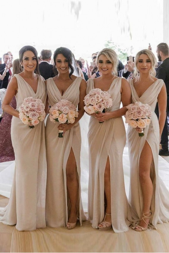 Sexy Long Chiffon Champagne Bridesmaid Dresses with High Slit and Front Ruffles