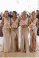 Sexy Long Chiffon Champagne Bridesmaid Dresses with High Slit and Front Ruffles