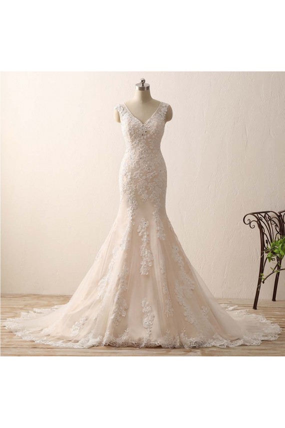 Sleeveless V-neck Mermaid Ivory Lace Over Champagne Wedding Dresses with Sweep Train