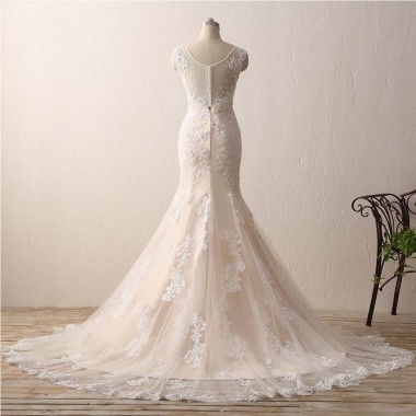 Sleeveless V-neck Mermaid Ivory Lace Over Champagne Wedding Dresses with Sweep Train