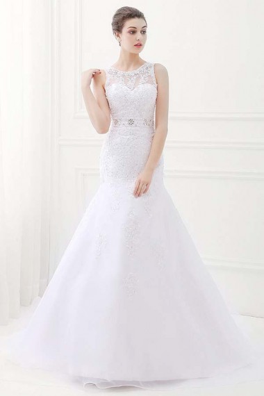 White Jewel Sleeveless Mermaid Lace Wedding Dresses With Belt