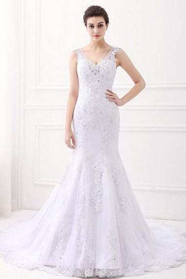 White V-Neck Sleeveless Mermaid Lace Beaded Rhinestones Wedding Dresses