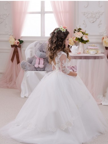 Ivory Ball Gown Bateau Neck Long Chapel Train Sleeveless Flower Girl Dress