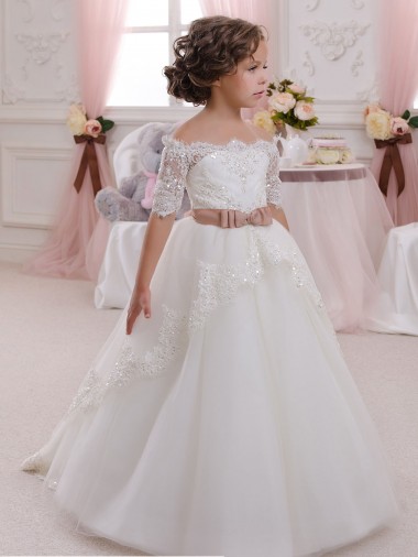 Ivory Ball Gown High Neck Floor Length Short Sleeve Flower Girl Dress