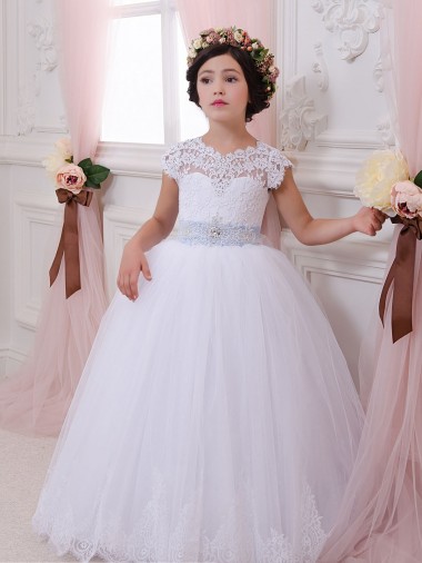 Ivory Ball Gown Sweetheart Chapel Train Cap Sleeve Flower Girl Dress