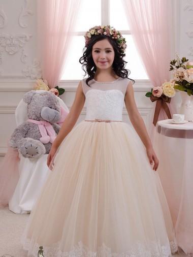 Ivory & Champagne Ball Gown Sweetheart Floor Length Sleeveless Flower Girl Dress