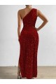 Red Sheath One Shoulder Sleeveless Long Floor Length Velvet Sequin Prom Dress