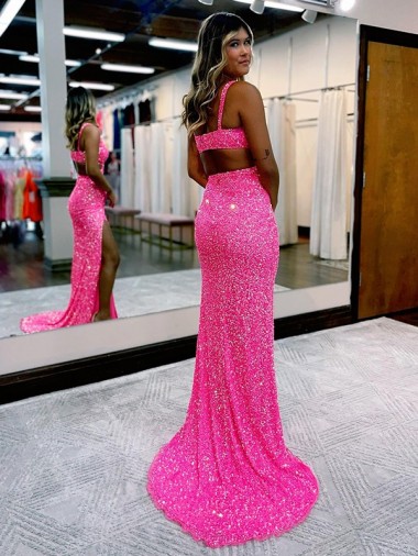 Sheath Long V-Neck Sleeveless Sweep Train Velvet Sequin Prom Dress