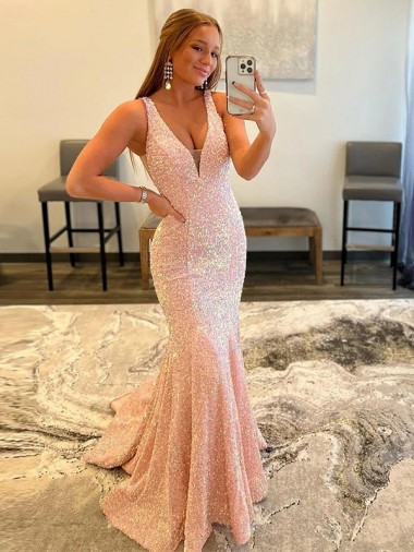 Sheath V-Neck Sleeveless Long Sweep Train Velvet Sequin Prom Dress