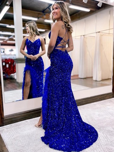 Royal Blue V-Neck Sleeveless Long Sweep Train Velvet Sequin Prom Dress