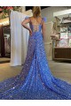 Blue A-Line V-Neck Sleeveless Long Court Train Velvet Sequin Prom Dress