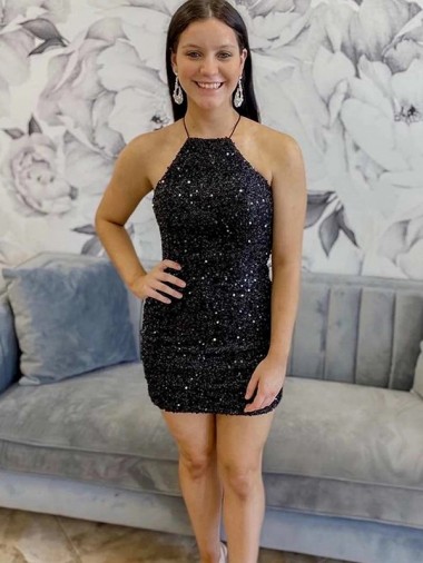 Black Sheath Halter Sleeveless Short Velvet Sequin Prom Dress