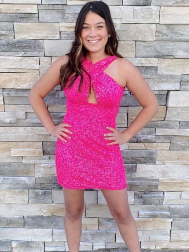 Fuchsia Sheath Halter Sleeveless Short Velvet Sequin Prom Dress