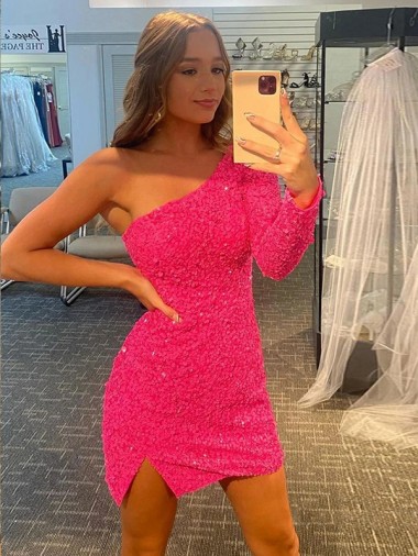 One Shoulder Long Sleeves Short Velvet Sequin Prom Dress