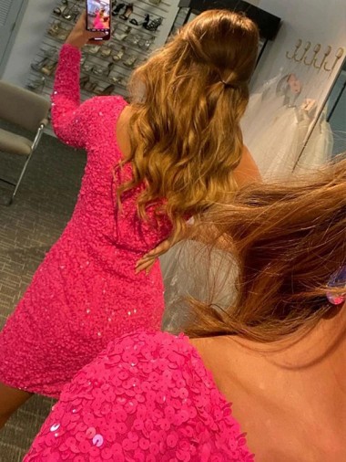 One Shoulder Long Sleeves Short Velvet Sequin Prom Dress