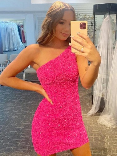 One Shoulder Sheath Sleeveless Short Velvet Sequin Prom Dress