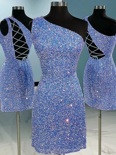 Short Velvet Sequin One Shoulder Sleeveless Prom Dress