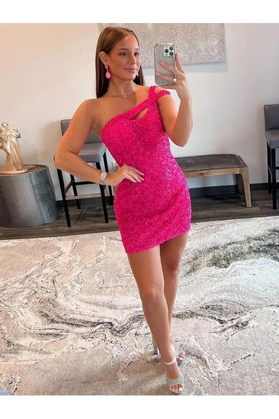 Fuchsia Sheath One Shoulder Sleeveless Short Velvet Sequin Prom Dress