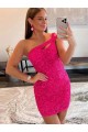 Fuchsia Sheath One Shoulder Sleeveless Short Velvet Sequin Prom Dress