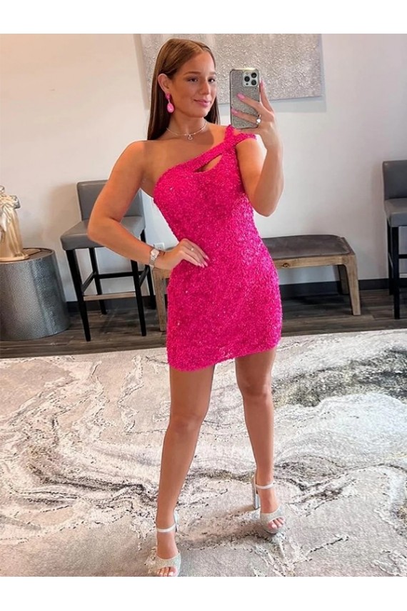 Fuchsia Sheath One Shoulder Sleeveless Short Velvet Sequin Prom Dress