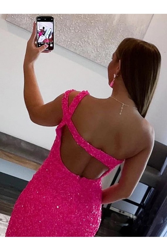 Fuchsia Sheath One Shoulder Sleeveless Short Velvet Sequin Prom Dress