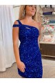 Fuchsia Sheath One Shoulder Sleeveless Short Velvet Sequin Prom Dress