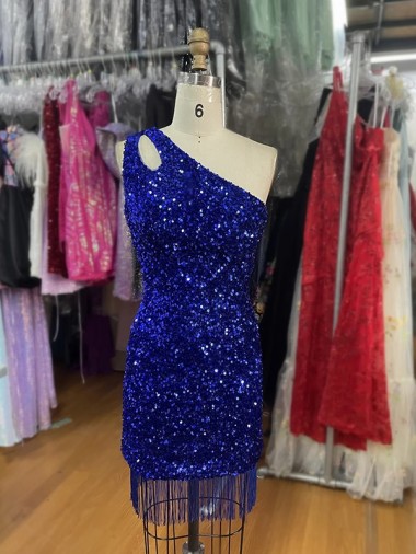 Royal Blue Sheath One Shoulder Sleeveless Short Velvet Sequin Prom Dress