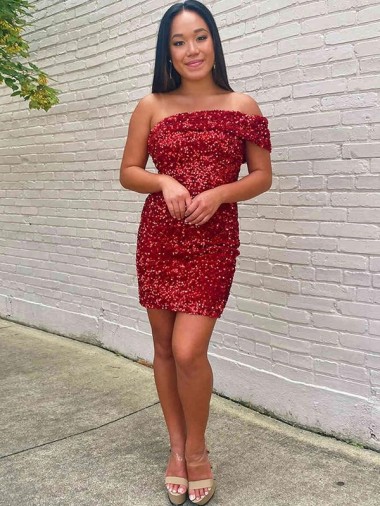 Burgundy Sheath One Shoulder Sleeveless Short Velvet Sequin Prom Dress
