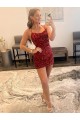 Burgundy Sheath Spaghetti Straps Sleeveless Short Velvet Sequin Prom Dress