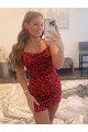Burgundy Sheath Spaghetti Straps Sleeveless Short Velvet Sequin Prom Dress