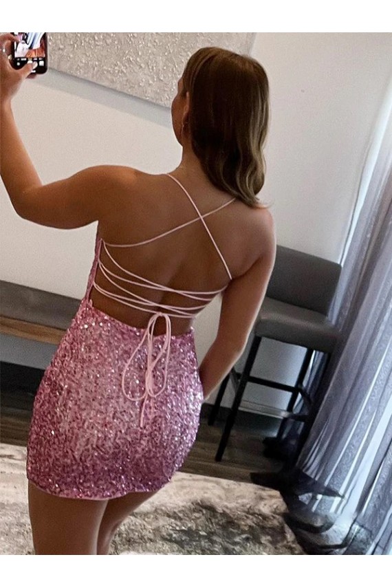 Hot Pink Sheath Spaghetti Straps Sleeveless Short Velvet Sequin Prom Dress