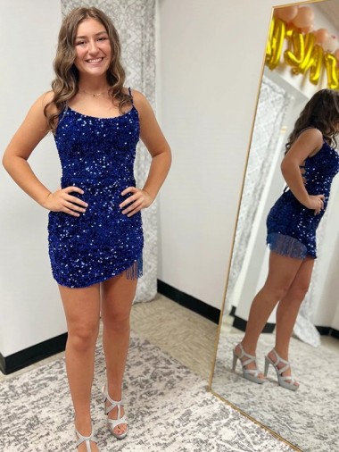 Royal Blue Sheath Spaghetti Straps Sleeveless Short Velvet Sequin Prom Dress