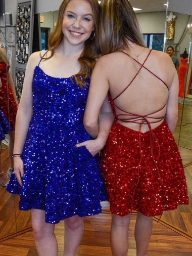 Royal Blue & Burgundy A-Line Spaghetti Straps Sleeveless Short Velvet Sequin Prom Dress