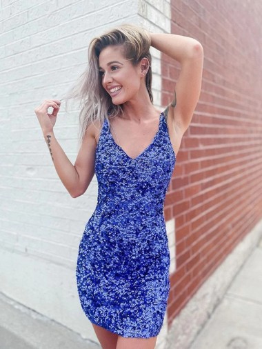 Short Velvet Sequin Blue Sheath V-Neck Sleeveless Prom Dress